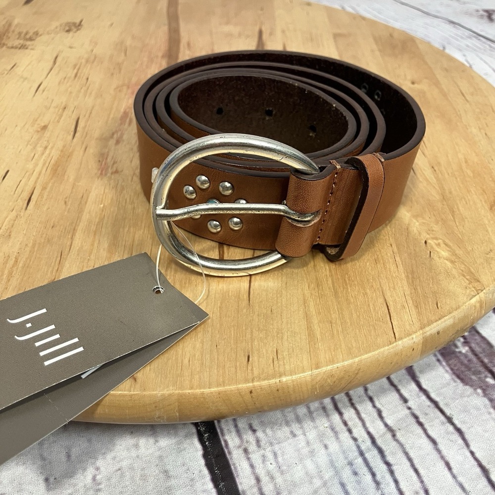 J Jill Leather Belt Brown Silver Buckle‎ Made In Italy Womens Sz M L Stud Detail